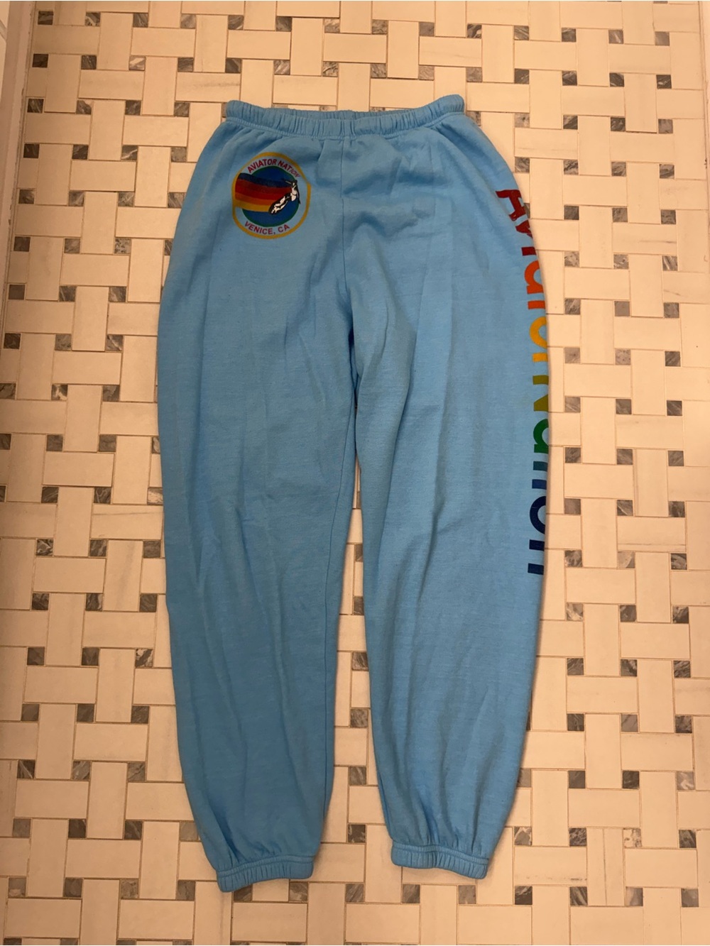 Aviator Nation Light Blue Joggers with Rainbow Side Logo